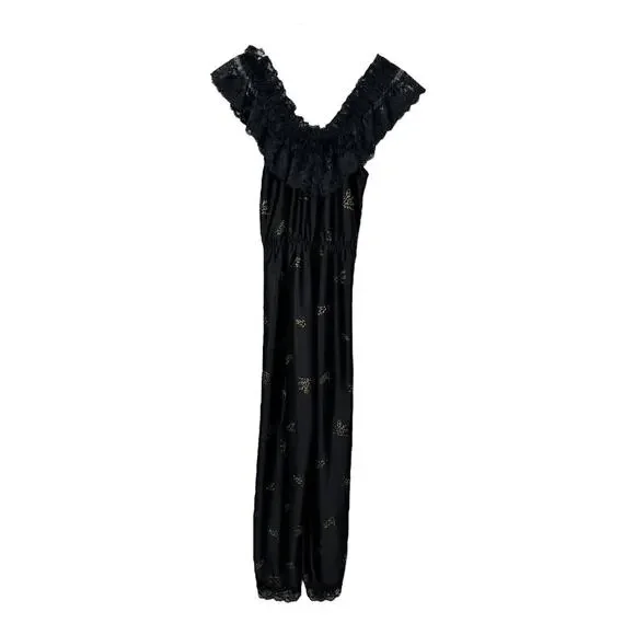 Vintage 70s Dolores For Poirette Black Sleepwear Jumpsuit Medium Lace Gold Satin - Picture 3 of 8